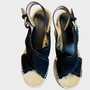 Marc Fisher Mlaria Black Suede Tan  Espadrille Wedge Platform Sandals